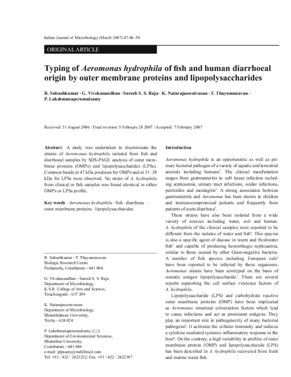 (PDF) Typing of Aeromonas hydrophila of fish and human diarrhoeal ...
