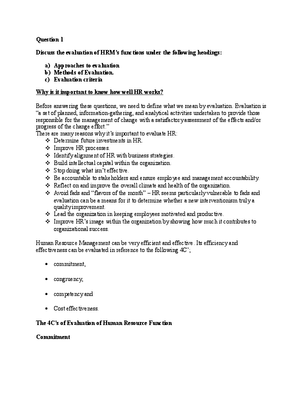 (DOC) Question 1 Discuss the evaluation of HRM's functions under the ...