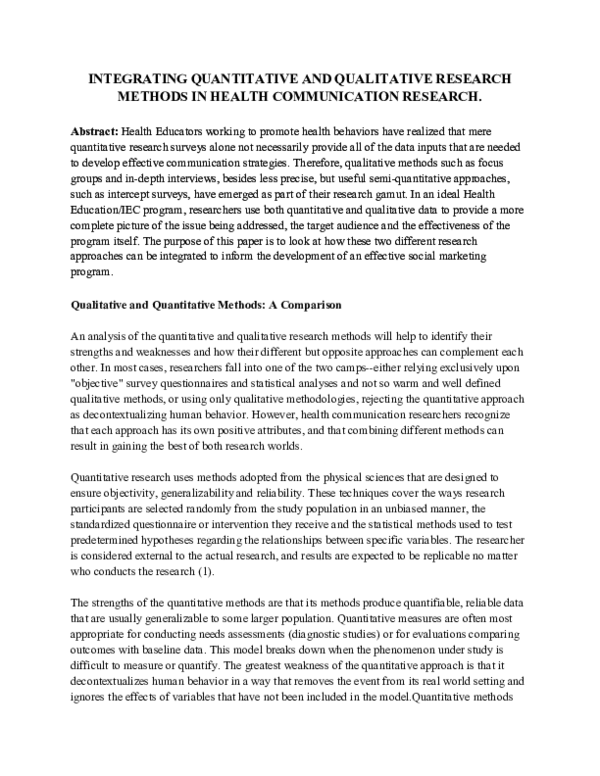 (PDF) Integrating qualitative and quantitative methds in Health Education