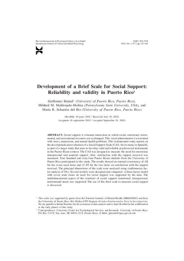 (PDF) Development of a brief scale for social support: Reliability and ...