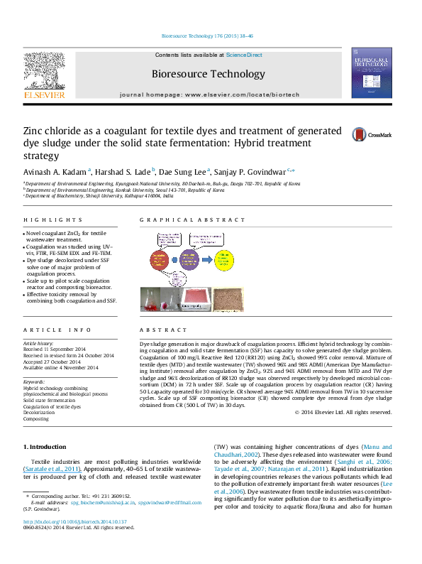(PDF) Zinc chloride as a coagulant for textile dyes and treatment of