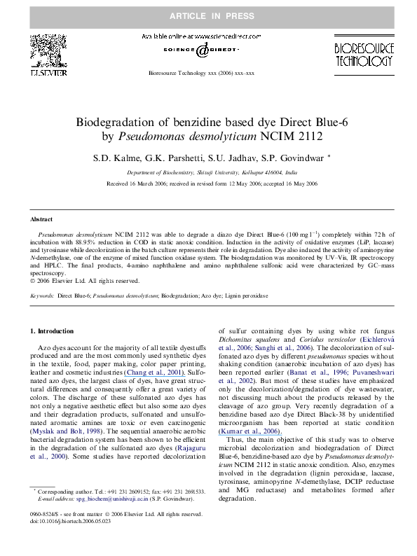 (PDF) Biodegradation of benzidine based dye Direct Blue-6 by ...