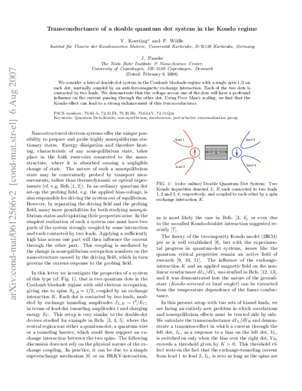 (PDF) Transconductance of a Double Quantum Dot System in the Kondo Regime