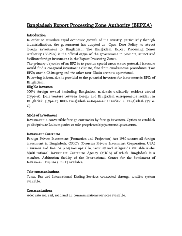 (PDF) Bangladesh Export Processing Zone Authority (BEPZA