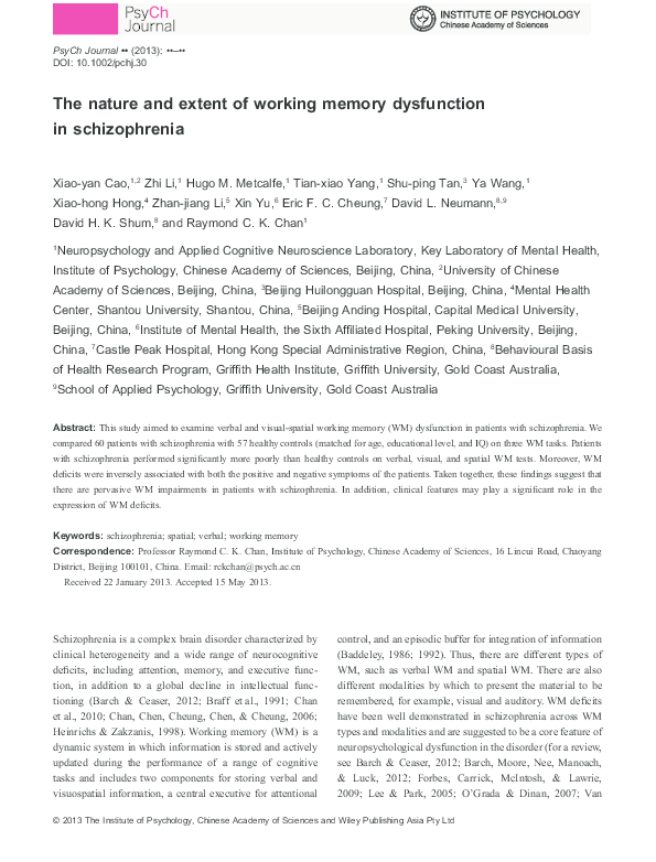 (PDF) The nature and extent of working memory dysfunction in schizophrenia