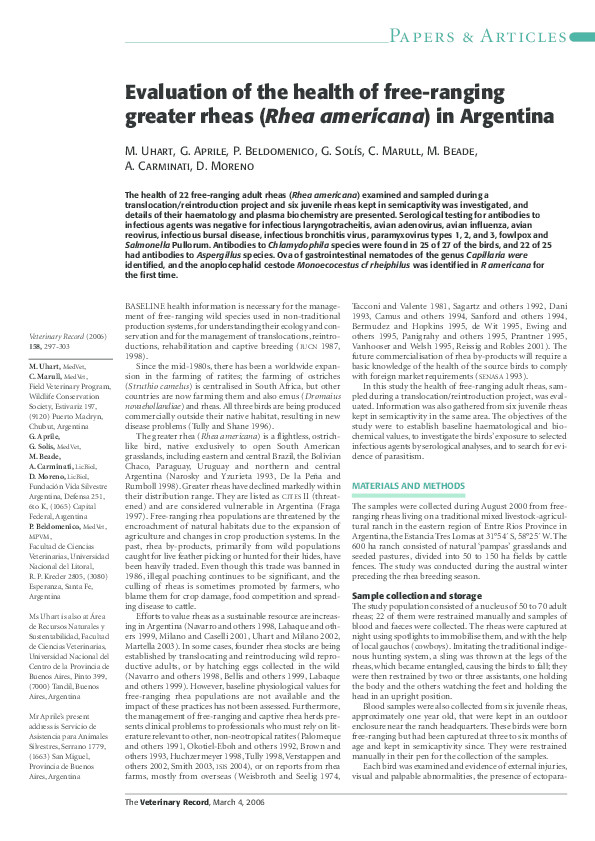 (PDF) Evaluation of the health of free-ranging greater rheas (Rhea ...