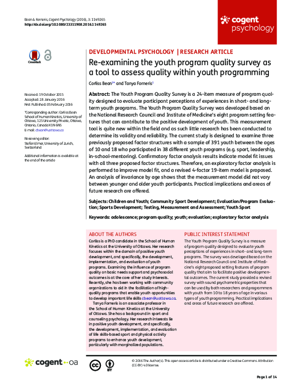 (PDF) Re-examining the Youth Program Quality Survey as a Tool to Assess ...