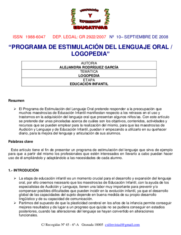 (PDF) " PROGRAMA DE ESTIMULACIÓN DEL LENGUAJE ORAL / LOGOPEDIA ...