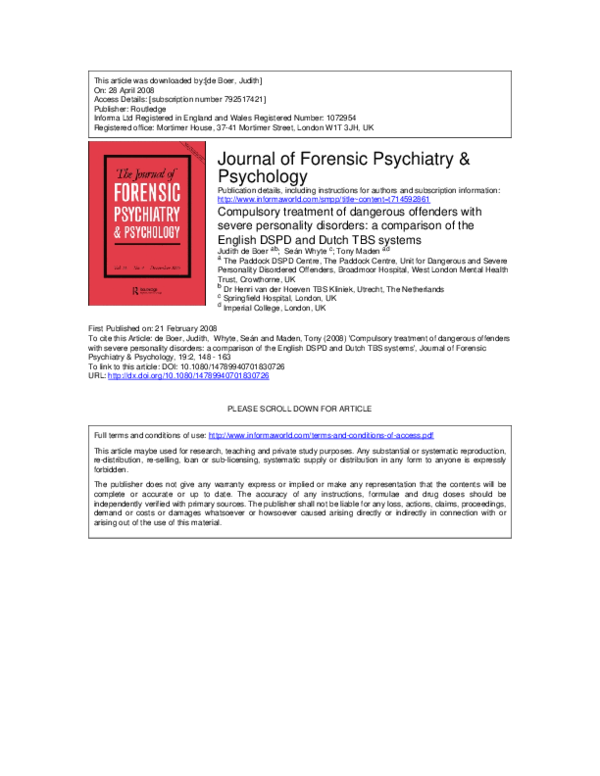 (PDF) Compulsory treatment of dangerous offenders with severe ...