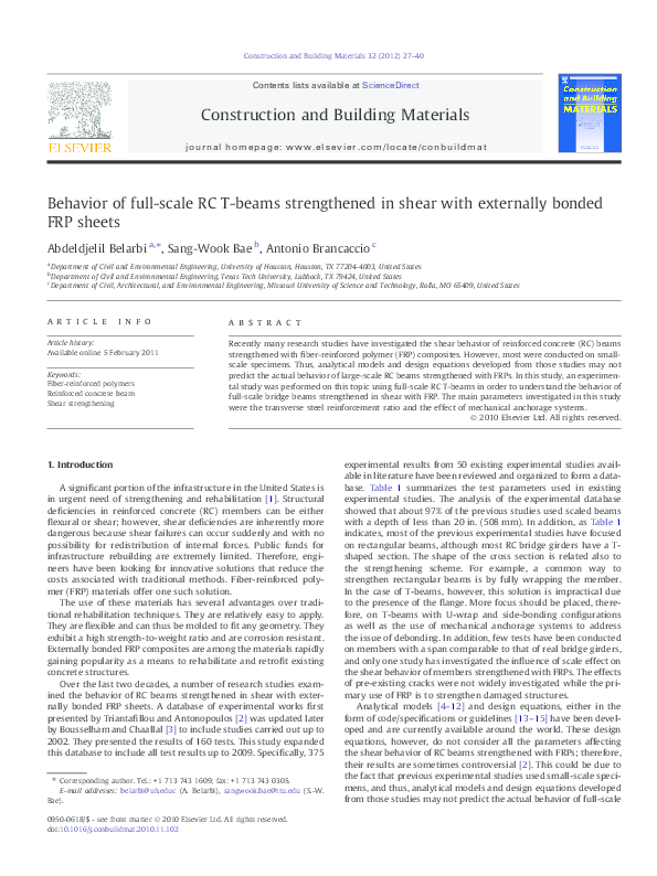 (PDF) Behavior of full-scale RC T-beams strengthened in shear with ...