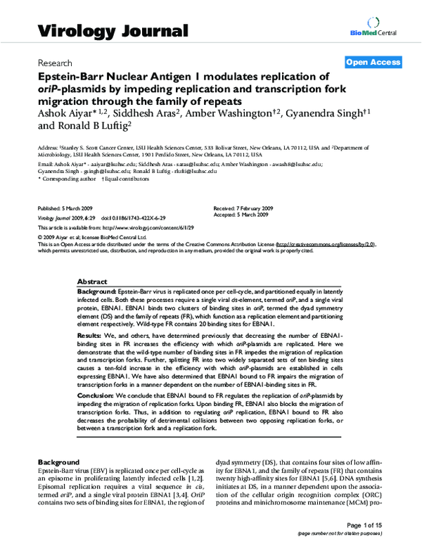 (PDF) Epstein-Barr Nuclear Antigen 1 modulates replication of oriP ...