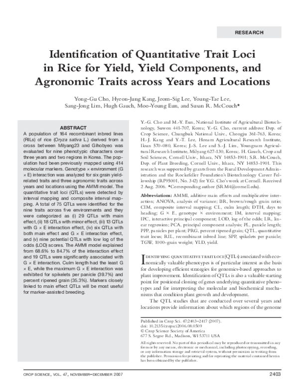 (PDF) Identification of Quantitative Trait Loci in Rice for Yield ...