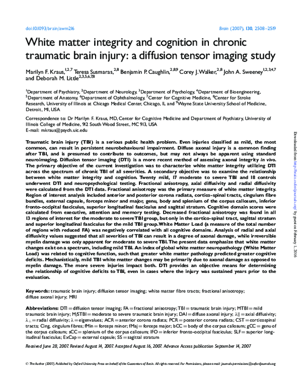 (PDF) White matter integrity and cognition in chronic traumatic brain ...