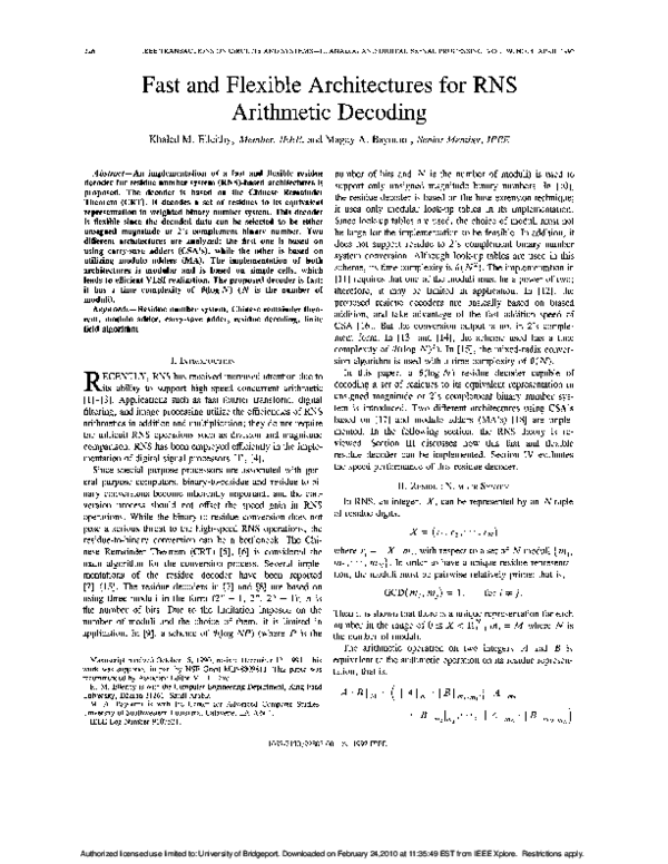 (PDF) Fast and flexible architectures for RNS arithmetic decoding