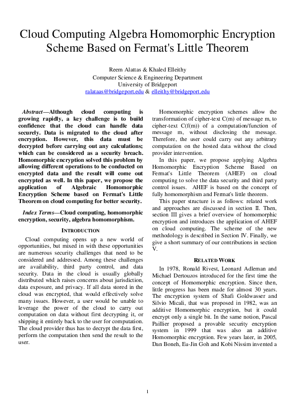 (PDF) Cloud Computing Algebra Homomorphic Encryption Scheme Based on ...