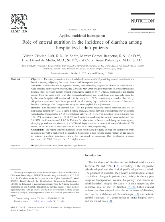(PDF) Role of enteral nutrition in the incidence of diarrhea among ...