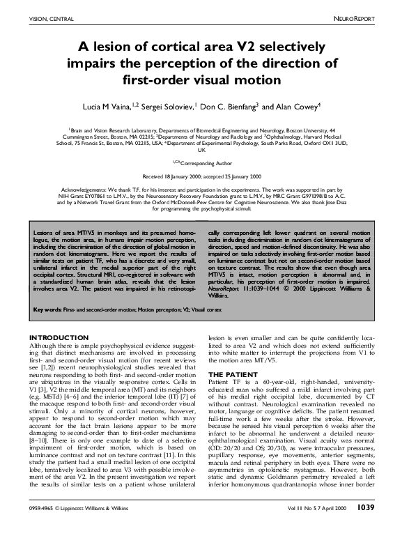 (PDF) A lesion of cortical area V2 selectively impairs the perception ...