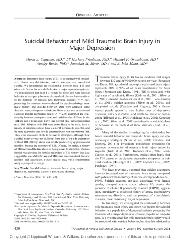 (PDF) Suicidal Behavior and Mild Traumatic Brain Injury in Major Depression