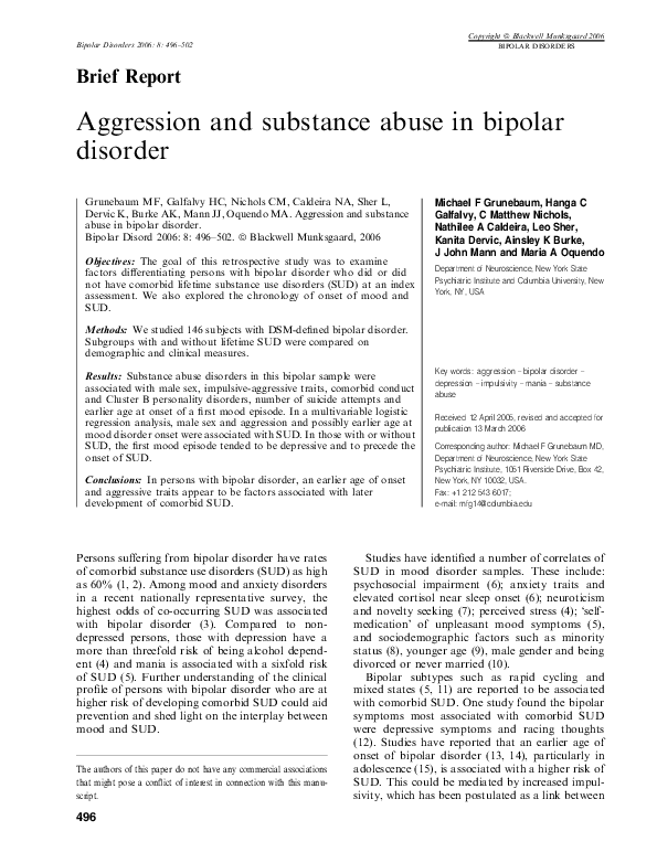 Pdf Aggression And Substance Abuse In Bipolar Disorder