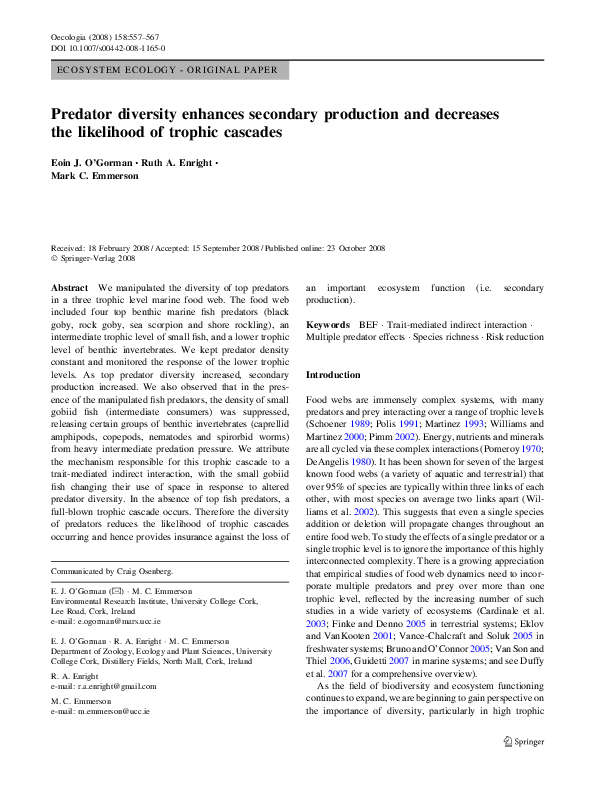 (PDF) Predator diversity enhances secondary production and decreases ...