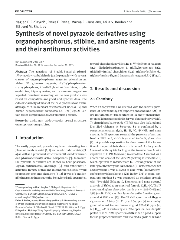 (PDF) Synthesis of novel pyrazole derivatives using organophosphorus ...