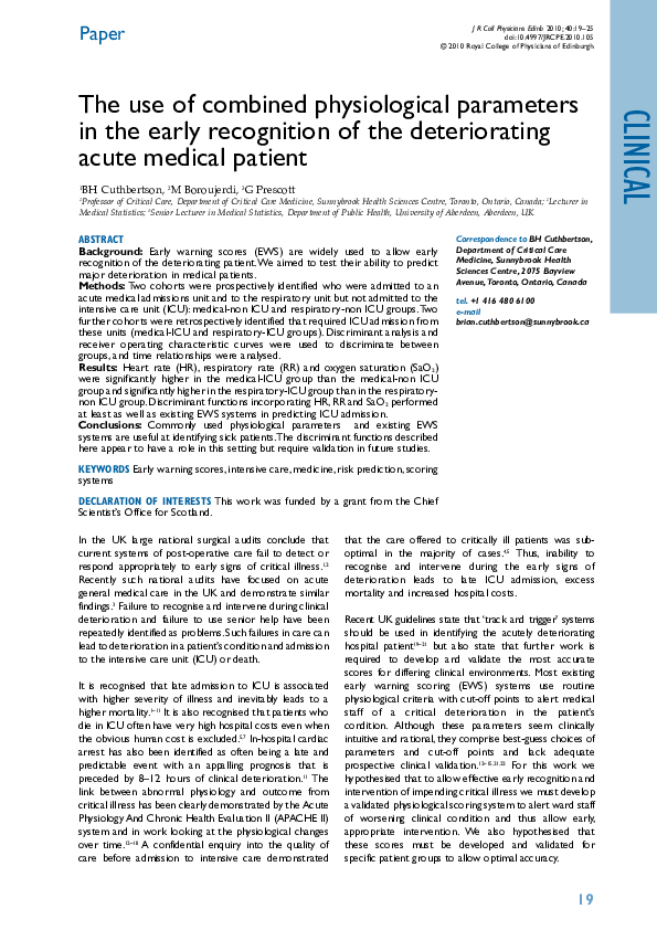 (PDF) The use of combined physiological parameters in the early ...