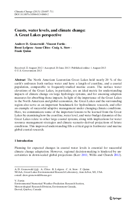 (PDF) Coasts, water levels, and climate change: A Great Lakes perspective