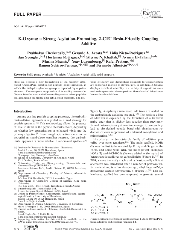 (PDF) KOxyma a Strong AcylationPromoting, 2CTC ResinFriendly