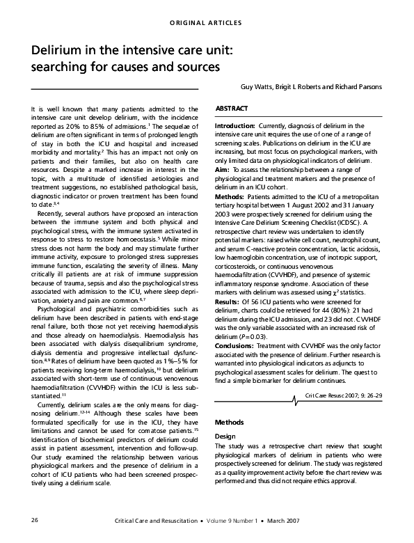 (PDF) Delirium in the intensive care unit: searching for causes and sources