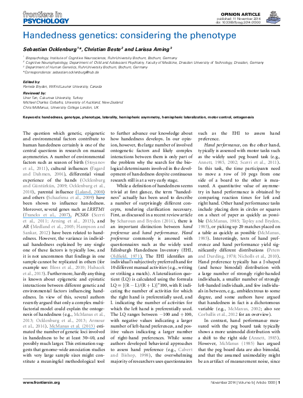 (PDF) Handedness considering the phenotype Larissa Arning