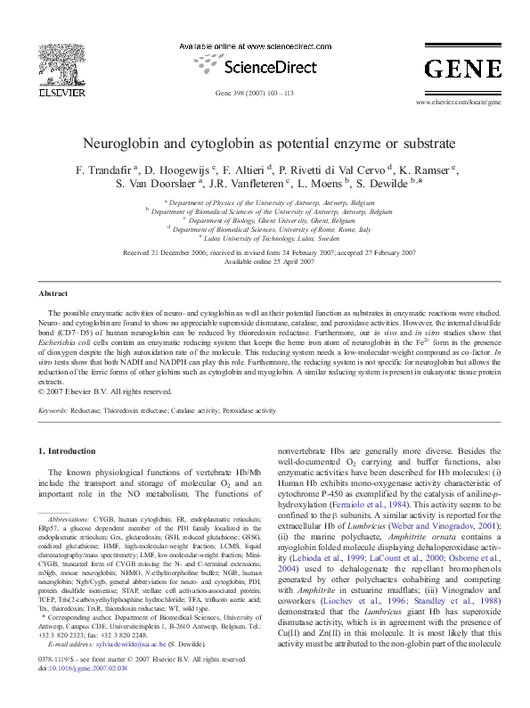 (PDF) Neuroglobin and cytoglobin as potential enzyme or substrate