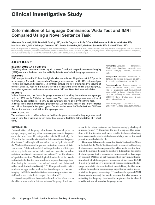 (PDF) Determination of Language Dominance: Wada Test and fMRI Compared ...