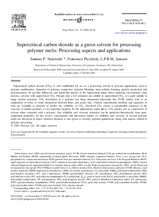 (PDF) Supercritical carbon dioxide as a green solvent for processing ...