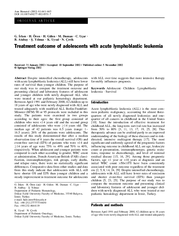 (PDF) Treatment outcome of adolescents with acute lymphoblastic leukemia