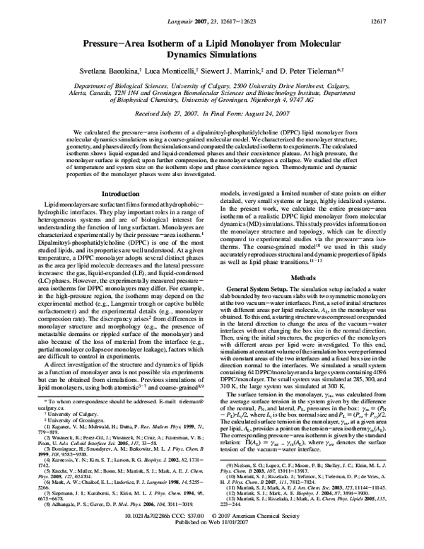 (PDF) Pressure−Area Isotherm of a Lipid Monolayer from Molecular ...