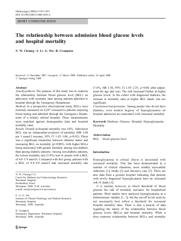(PDF) The relationship between admission blood glucose levels and ...