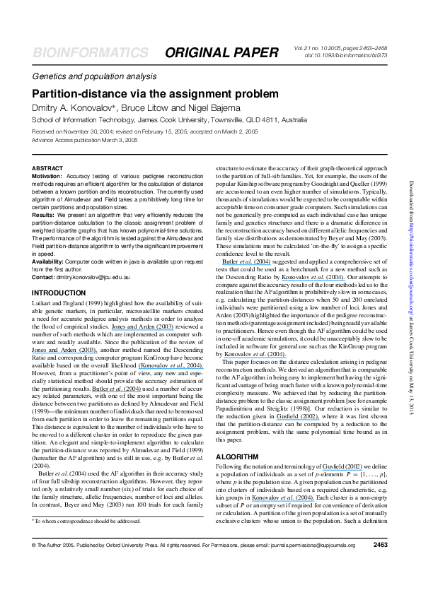(PDF) Partitiondistance via the assignment problem Dmitry Konovalov