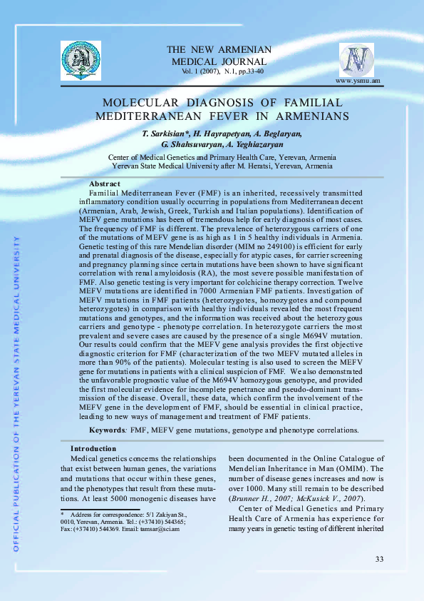 (PDF) Molecular Diagnosis of Familial Mediterranean Fever