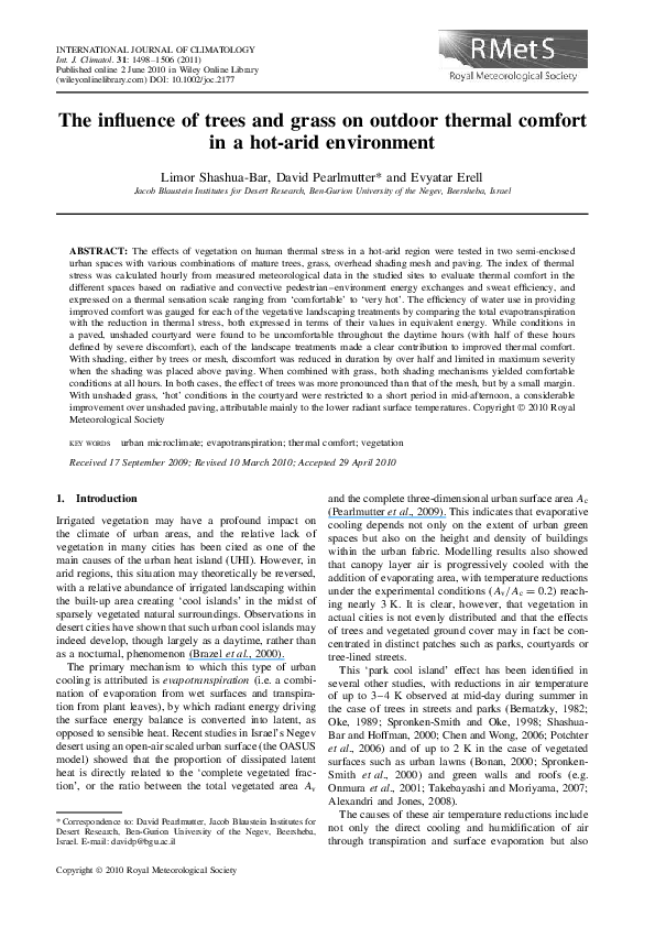 (PDF) The influence of trees and grass on outdoor thermal comfort in a ...