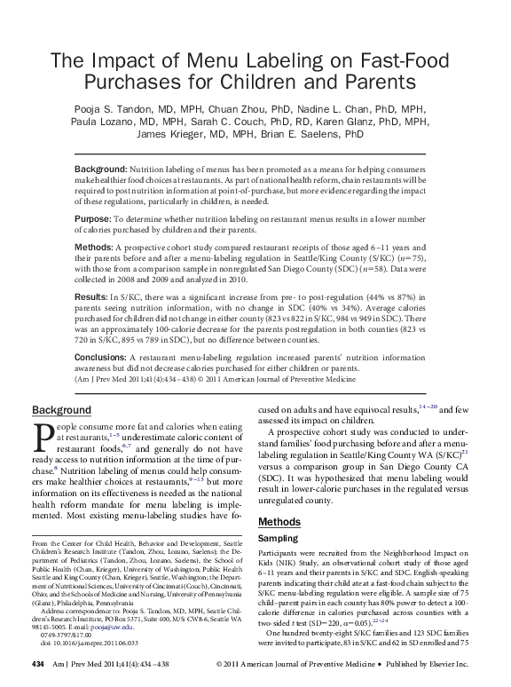 (PDF) The Impact of Menu Labeling on Fast-Food Purchases for Children ...