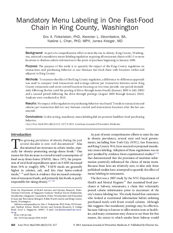 (PDF) Mandatory Menu Labeling in One Fast-Food Chain in King County ...