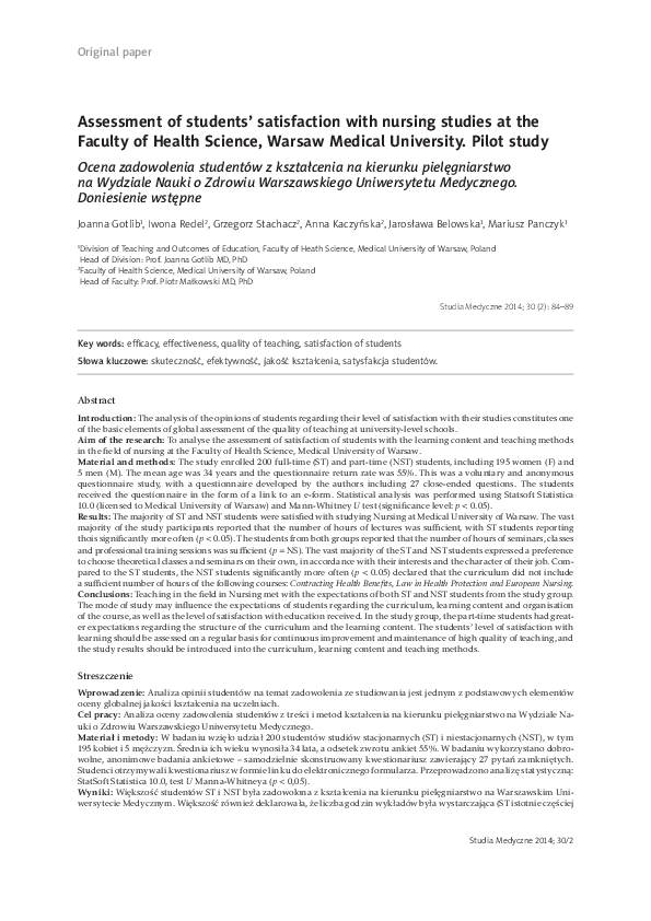 (PDF) Assessment of students’ satisfaction with nursing studies at the ...