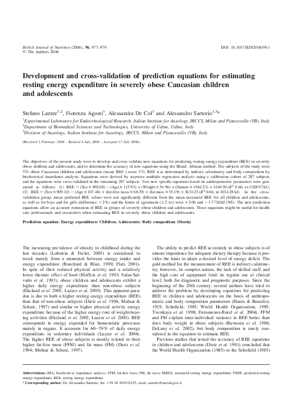 (PDF) Development and cross-validation of prediction equations for ...