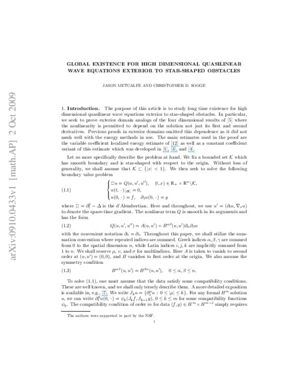 (PDF) Global existence for high dimensional quasilinear wave equations ...