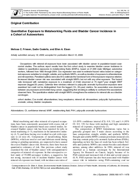 (PDF) Quantitative exposure to metalworking fluids and bladder cancer