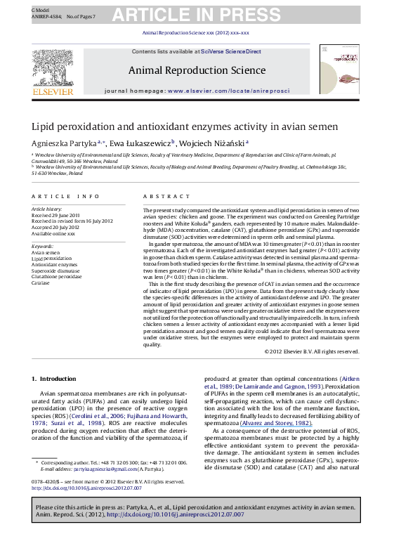 (PDF) Lipid peroxidation and antioxidant enzymes activity in avian semen