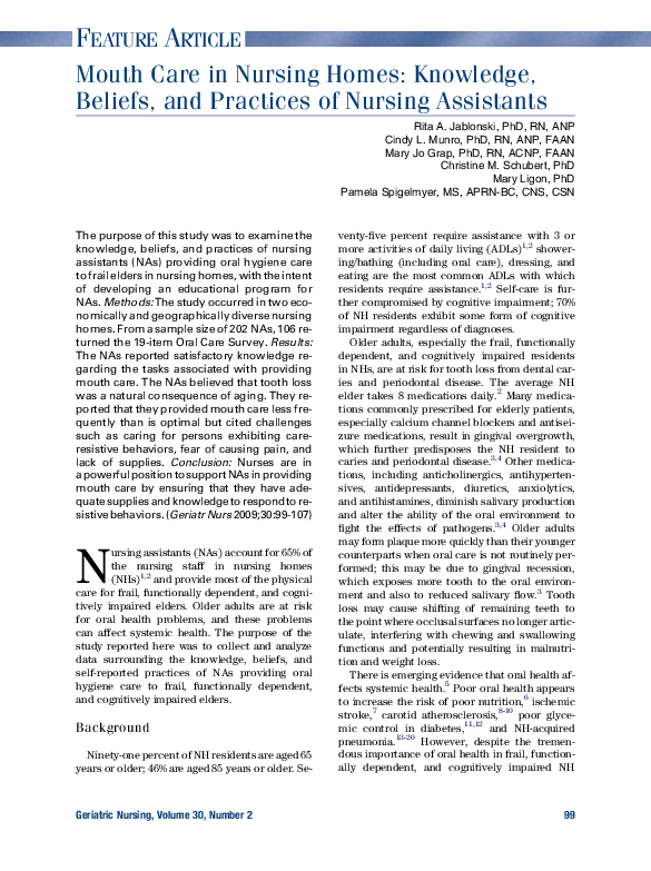 (PDF) Mouth Care in Nursing Homes Knowledge, Beliefs, and Practices of