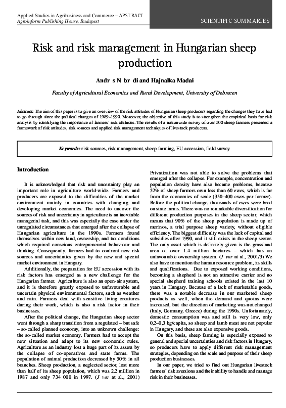 (PDF) Risk and Risk Management in Hungarian Sheep Production