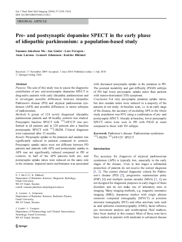 (PDF) Pre- and postsynaptic dopamine SPECT in the early phase of ...