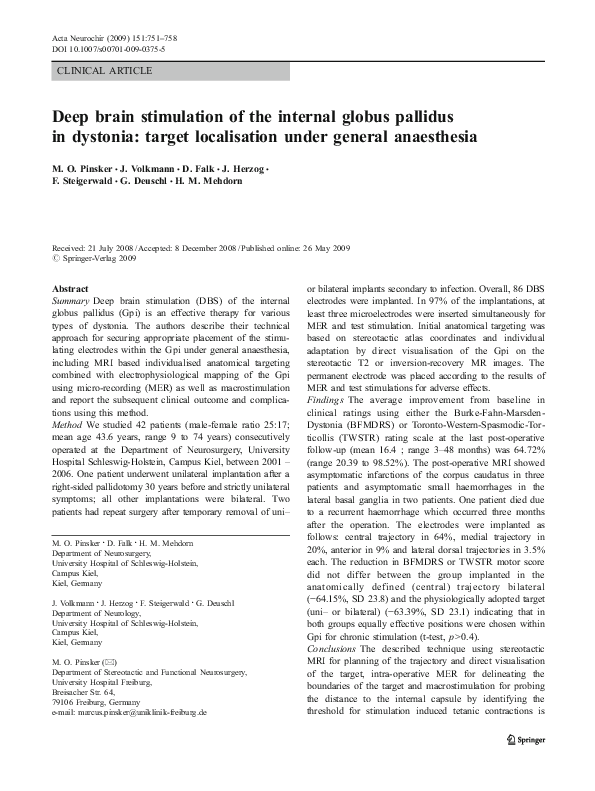 (PDF) Deep brain stimulation of the internal globus pallidus in ...